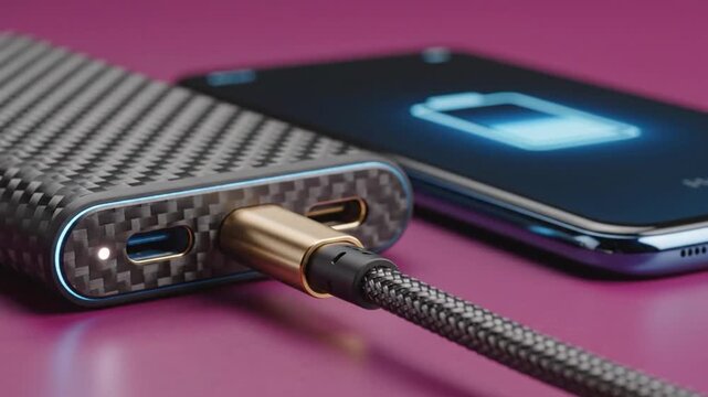Smartphone charging from portable power bank with carbon fiber texture.