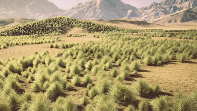 dense patchy shrub clusters across sunbaked plain with marked plots and flags for biodiversity monitoring, detailed sampling for species composition and soil