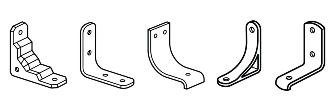 Set of diverse metal corner brackets for furniture construction industrial hardware components shown in clean vector line art style on white background.