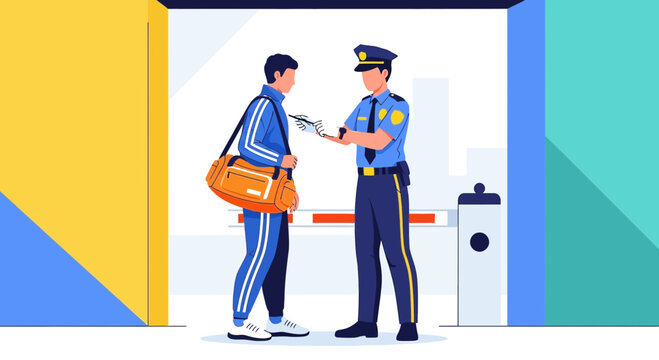 Security Check: Officer Inspects Traveler's Documents at Entrance