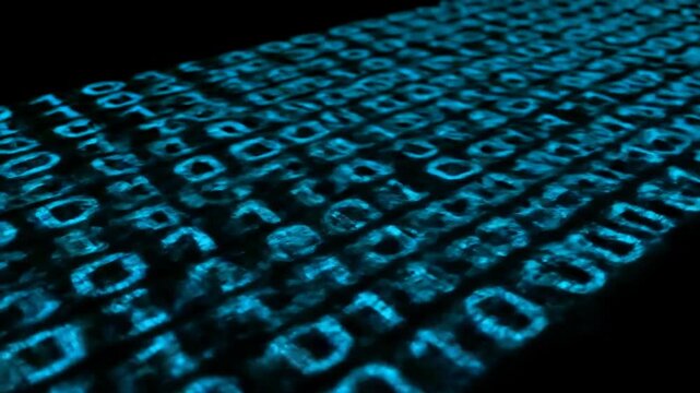 Abstract digital background featuring glowing blue binary code and data processing patterns.