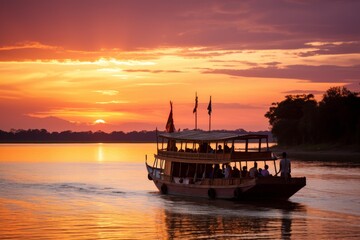 Obraz premium Tourist boat carrying passengers along the river during a vibrant orange and purple sunset