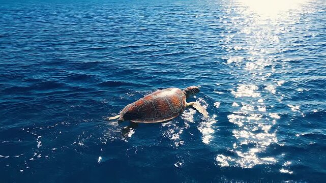 Loggerhead sea turtle gracefully swims through sunlit ocean waters on a long migration journey