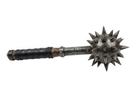 Medieval spiked mace weapon with a metal chain isolated on transparent background