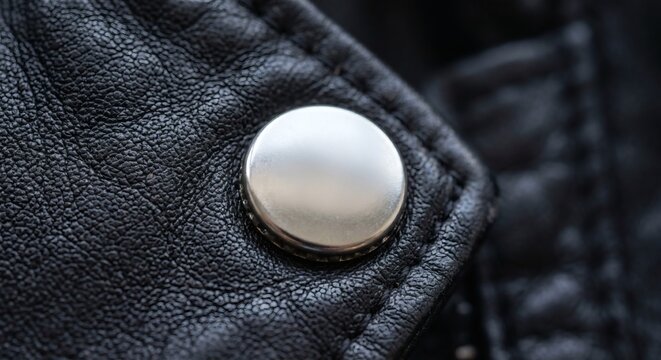 Blank silver metal snap button mockup on a black leather jacket