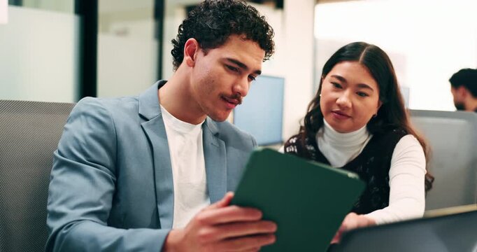 Team, talk and software developer in office with tablet, planning or advice for web design project. Digital designer, people and research in agency with tech, proposal or opinion for site development