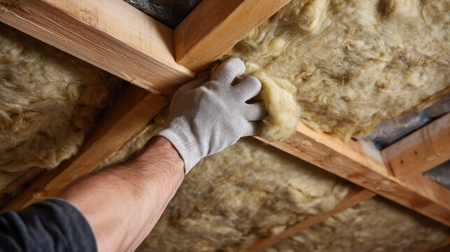 Gloved hand fitting fluffy mineral wool insulation batts between timber roof rafters under bright work light showing the fibrous texture during a loft energy upgrade