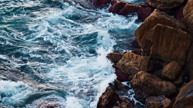 Stunning cinematic footage of sea waves crashing against jagged rock formations along rugged coastline during tranquil evening hours.