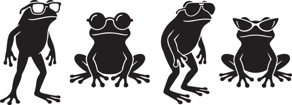 Frog silhouette set. Cool frog with sunglasses vector icons. Black amphibian animal collection. Minimalist toad flat design. Funny summer frog illustration. Sunglasses frog character for print. 