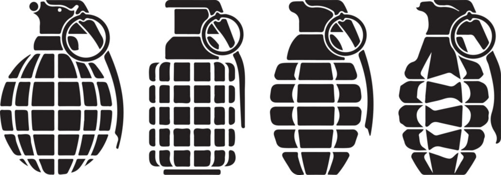 Hand grenade vector silhouette set, military explosive weapon icon collection, black frag grenade symbols, pineapple grenade flat design, combat defense equipment graphics, army war weapon elements,