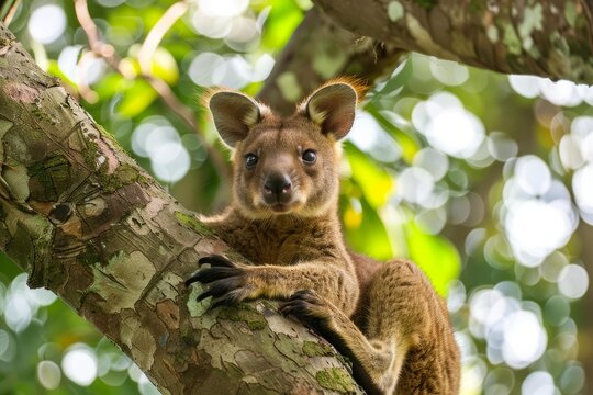 Lumholtz's tree kangaroo relaxing on a tree branch in a vibrant rainforest setting