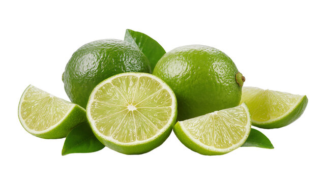 Whole and sliced green limes with leaves