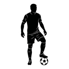 Soccer player in a black silhouette stance stands ready with a ball at his feet on white ground. © RanaMuhammad