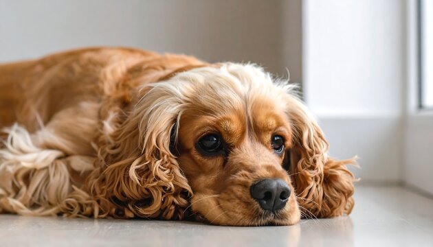 Cocker spaniel rests head on floor near window, looking forlorn with large brown eyes and floppy ears