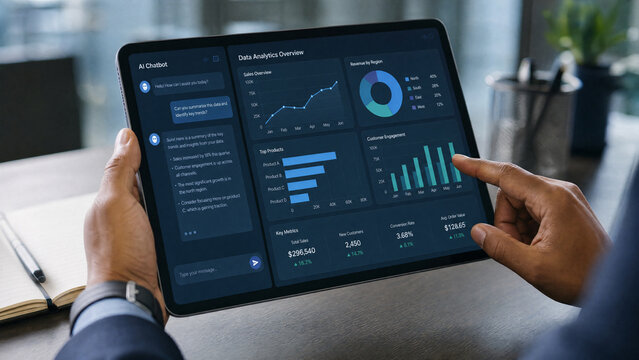 Businessman using tablet to analyze sales dashboard data and AI chatbot insights at office desk