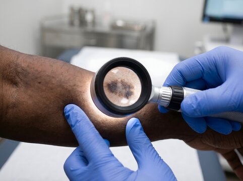 Close up view of doctor hands using dermatoscope to inspect dark skin nevus on patient arm.