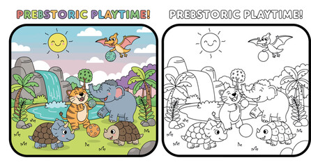 Cute Cartoon Prehistoric Playtime with Mammoth, Smilodon, Triceratops, Ankylosaurus, and Pterodactyl © Dewan