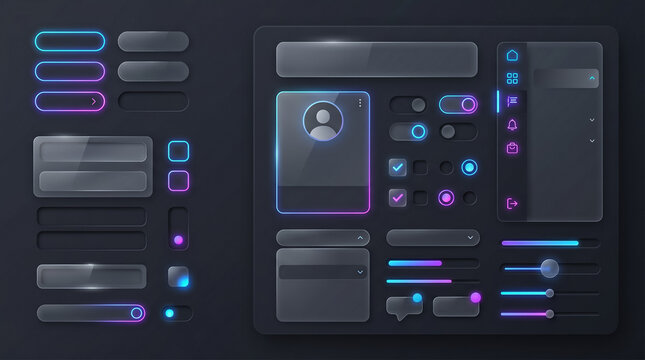Modern User Interface design kit featuring transparent glassmorphism elements with vibrant neon gradient accents for futuristic app and web development