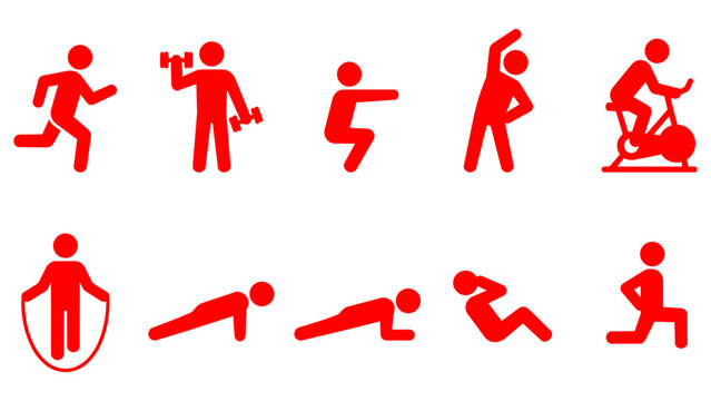 Vivid Red Silhouette Home Workout Icon Set with Running Dumbbell Squat Cycling Push Ups and Jump Rope Symbolizing Vitality and Energy Perfect for Fitness Advertising and Gym Presentation