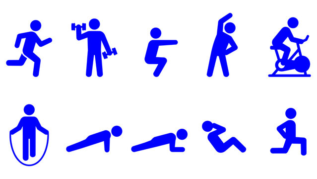 Vivid Blue Silhouette Workout Exercise Icon Set with Running Dumbbell Squat Cycling Push Ups and Jump Rope Symbolizing Energy and Wellness Perfect for Gym Advertising and Fitness Presentation