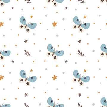 Seamless boho pattern with blue butterflies and cute floral elements