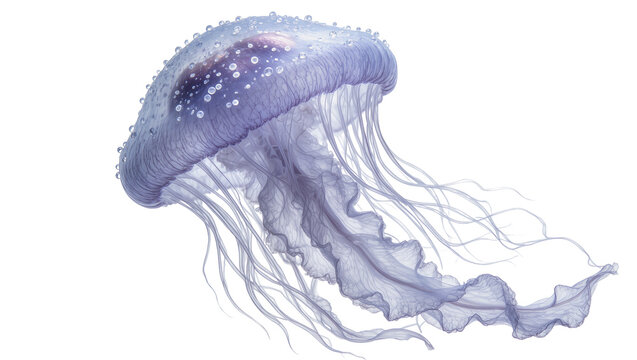 Translucent purple jellyfish with delicate tentacles and water droplets