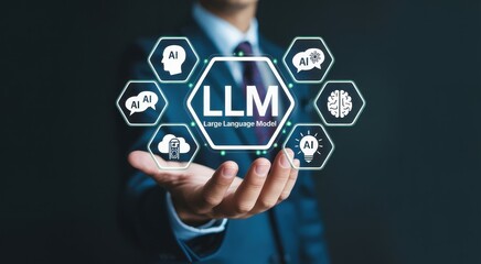 Businessman interacting with large language model interface in high tech professional setting.