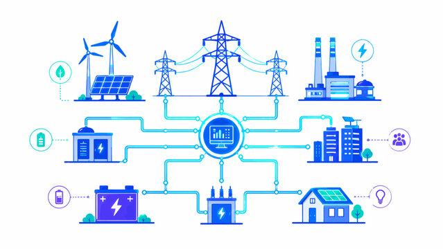 Renewable Energy, Sustainable Power, Electricity Grid, Infrastructure Icons isolated on White Background Editable EPS