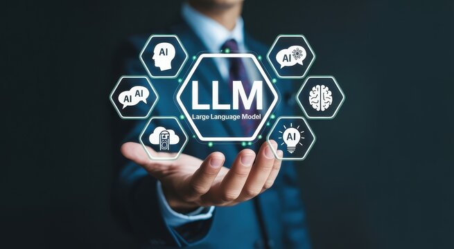 Businessman interacting with large language model interface in high tech professional setting.