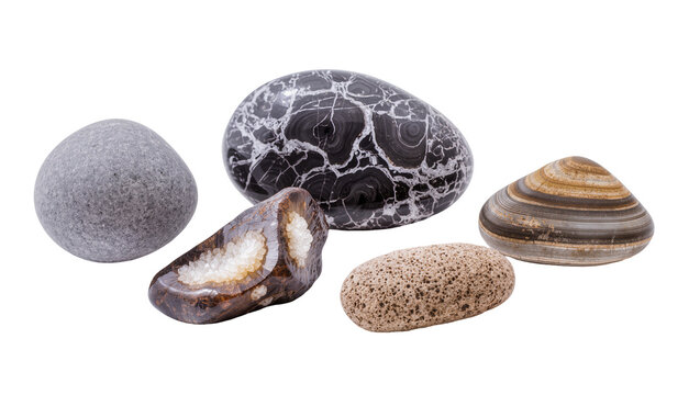 Assortment of polished stones and a geode slice