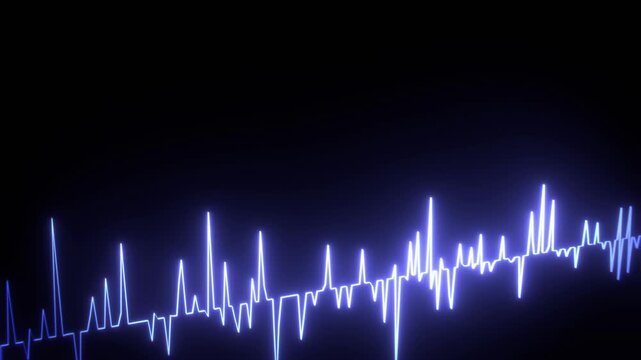 Audio amplitude waveform glowing blue - data signal frequency visualization, technology, analytics, health, music, broadcast, digital communication, sound, business, forecast, trading, medicine