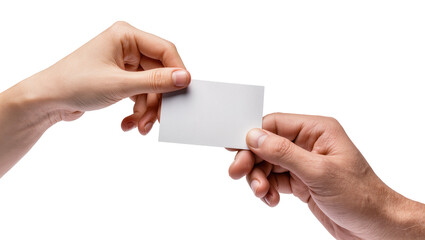 Obraz premium Two hands exchanging a blank white business card