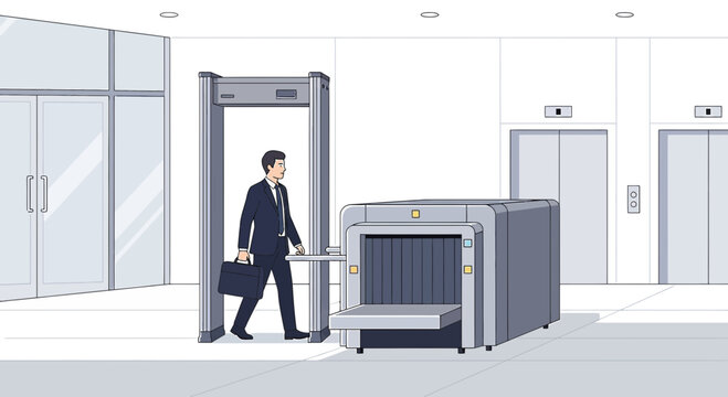Businessman walking through security scanner in modern office lobby with elevators