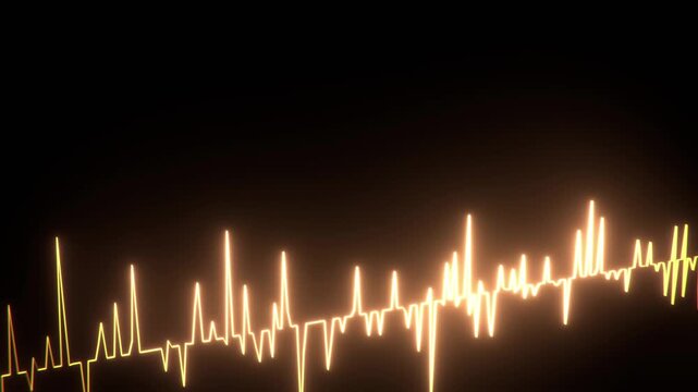 Audio amplitude waveform glowing golden - data signal frequency visualization, technology, analytics, health, music, broadcast, digital communication, sound, business, forecast, trading, medicine