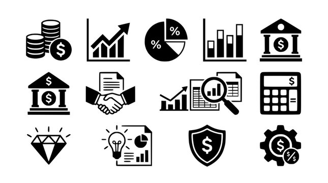 Financial icons illustrate business agreement and money management concepts.