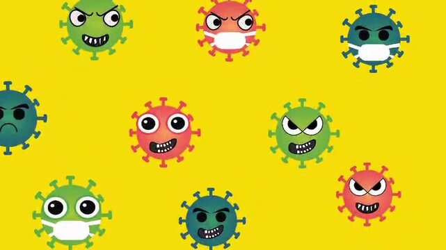 Animated Cute and Angry Coronavirus Cells Wearing Medical Masks on Yellow Background