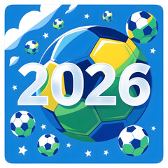 Obraz premium Football tournament 2026 celebration concept showing a large blue, yellow, and green soccer ball with prominent white 2026 numbers on blue background with stars and smaller footballs