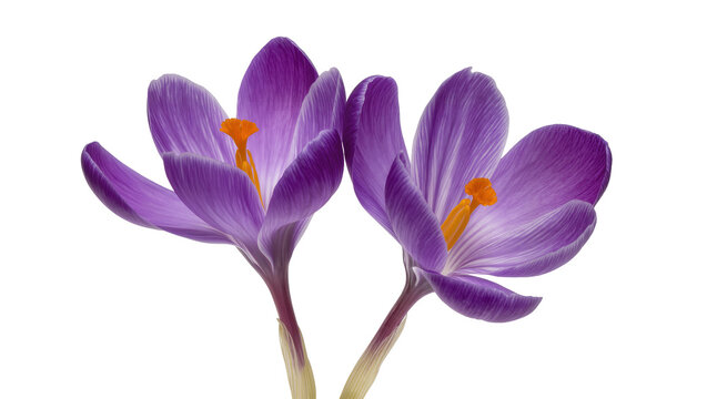 Two purple crocus flowers with orange stamens