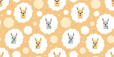 Seamless pattern with cute llamas on yellow background. Childish vector illustration © Julia Bilevych