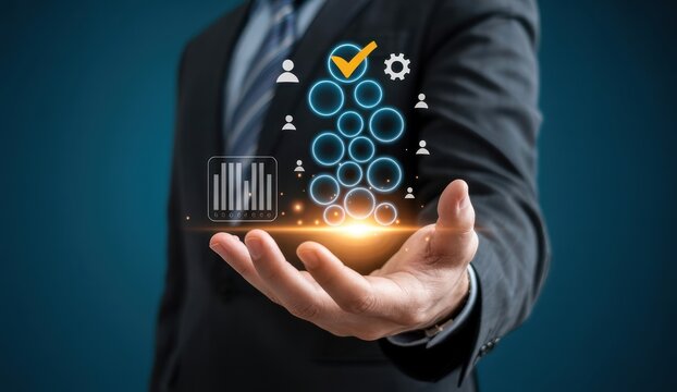 Businessman holding hologram of business icons data management and quality control concept.