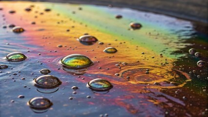 Fototapeta premium Close-up of iridescent oil bubbles on wet pavement showing colorful rainbow reflections and textured surface.