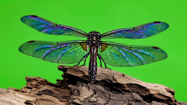 Iridescent dragonfly resting on wood branch with green screen chroma key background