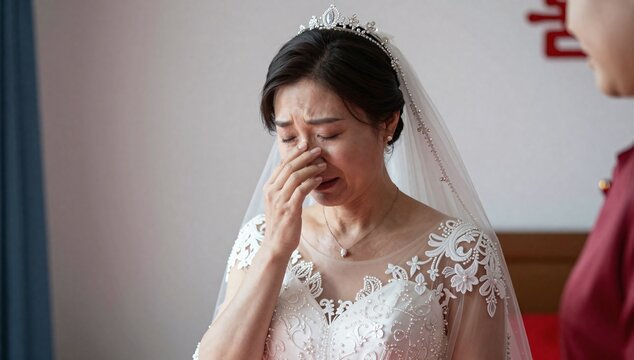 Emotional asian bride shedding tears on her wedding day in traditional chinese ceremony