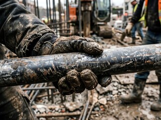 Obraz premium Closeup of construction workers hand holding a metal pipe outdoors