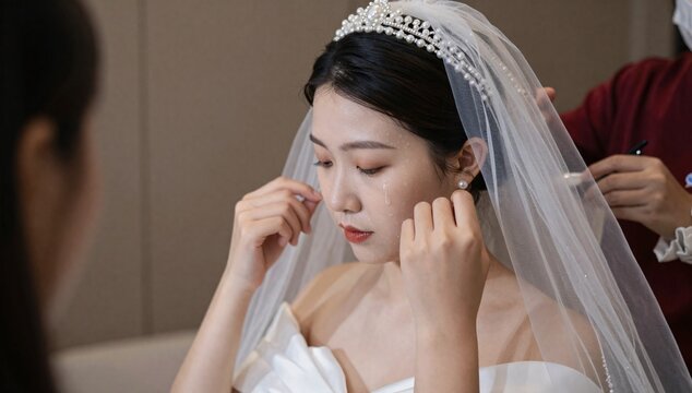 Bride with wedding veil in tears on her special day for a wedding ceremony