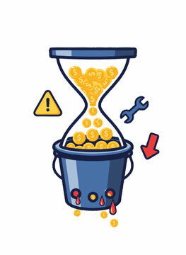 Conceptual Illustration of Financial Loss with Money Falling through an Hourglass into a Leaking Bucket
