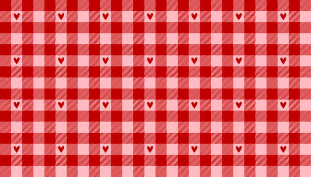 Seamless pattern pink tartan plaid with hearts on red background. Valentines Day vector illustration