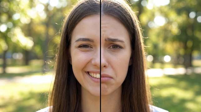 Split screen portrait of young woman showing happy smiling face and sad frowning face in park for health mental use
