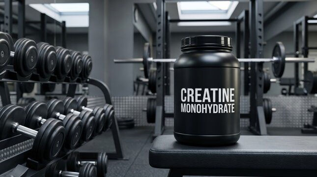 Creatine monohydrate supplement container in a modern gym with dumbbells and weightlifting equipment. Sports nutrition, muscle growth, strength training and fitness performance concept