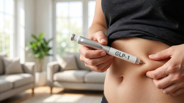 Person administering a GLP-1 injection in the abdomen at home, symbolizing weight management, obesity treatment, diabetes care and modern metabolic therapy